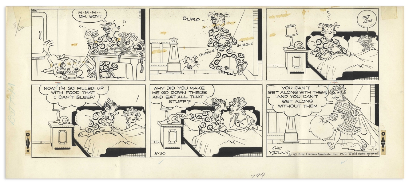 Chic Young Hand-Drawn ''Blondie'' Sunday Comic Strip From 1970 -- Blondie Talks to the Reader About Dagwood's Midnight Snack Habit in This Special Strip
